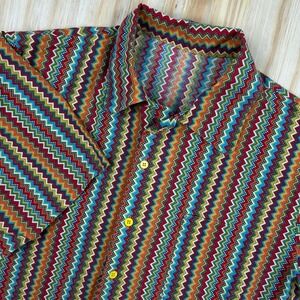 VTG 70's Men Shirt XL Rainbow Zig Zag Psychedelic Short Sleeve Camp Shirt Button